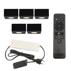 5 faretti da superficie neri quadrati per veranda Fredo, IP44, con set di connessione e telecomando