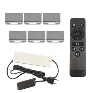 6 faretti da superficie cromati quadrati per veranda Fredo, IP44, con set di connessione e telecomando