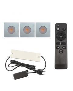 3 faretti da incasso cromati quadrati per veranda Dico, IP65, con set di connessione e telecomando
