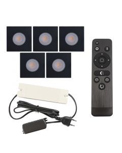 5 faretti da incasso neri quadrati per veranda Dico, IP65, con set di connessione e telecomando