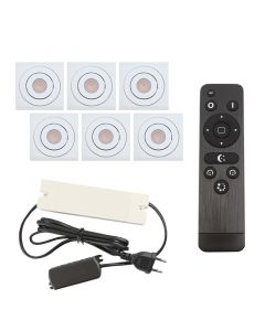 6 faretti da incasso orientabili per veranda Rona quadrato, IP44, con set di connessione e telecomando, bianco