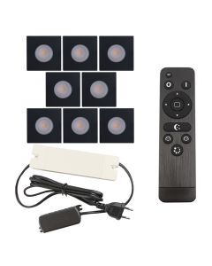 8 faretti da incasso neri quadrati per veranda Dico, IP65, con set di connessione e telecomando
