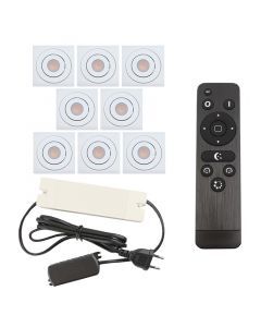 8 faretti da incasso orientabili per veranda Rona quadrato, IP44, con set di connessione e telecomando, bianco