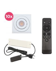 10 faretti da incasso orientabili per veranda Rona quadrato, IP44, con set di connessione e telecomando, bianco