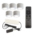5 faretti da superficie bianchi tondi per veranda Vasso, IP44, con set di connessione e telecomando