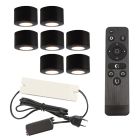 7 faretti da superficie neri tondi per veranda Vasso, IP44, con set di connessione e telecomando