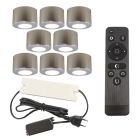 8 faretti da superficie cromati tondi per veranda Vasso, IP44, con set di connessione e telecomando