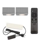 2 faretti da superficie cromati quadrati per veranda Fredo, IP44, con set di connessione e telecomando