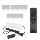 5 faretti da superficie bianchi quadrati per veranda Fredo, IP44, con set di connessione e telecomando