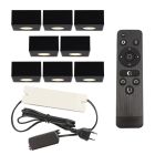 8 faretti da superficie neri quadrati per veranda Fredo, IP44, con set di connessione e telecomando