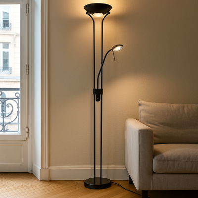 Piantana da lettura da terra nera moderna, Salvador, 18W, 3000K LED, con interruttore