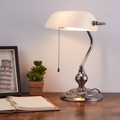 Lampada da banchiere in nichel in acciaio, Lugco, con interruttore a strappo
