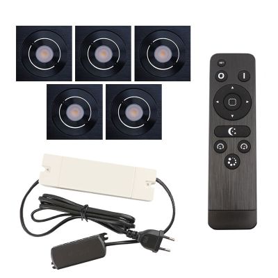 5 faretti da incasso orientabili per veranda Rona quadrato, IP44, con set di connessione e telecomando, nero