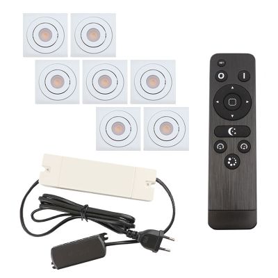 7 faretti da incasso orientabili per veranda Rona quadrato, IP44, con set di connessione e telecomando, bianco