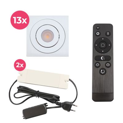 13 faretti da incasso orientabili per veranda Rona quadrato, IP44, con set di connessione e telecomando, bianco