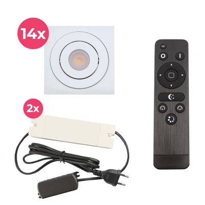 14 faretti da incasso orientabili per veranda Rona quadrato, IP44, con set di connessione e telecomando, bianco