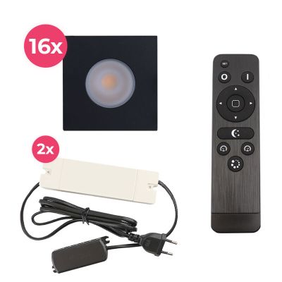 16 faretti da incasso neri quadrati per veranda Dico, IP65, con set di connessione e telecomando