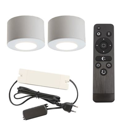 2 faretti da superficie bianchi tondi per veranda Vasso, IP44, con set di connessione e telecomando
