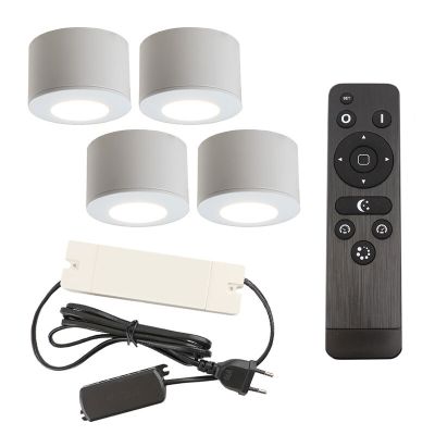 4 faretti da superficie bianchi tondi per veranda Vasso, IP44, con set di connessione e telecomando