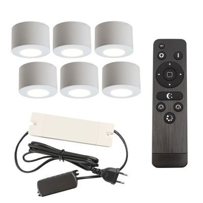 6 faretti da superficie bianchi tondi per veranda Vasso, IP44, con set di connessione e telecomando