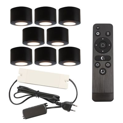 8 faretti da superficie neri tondi per veranda Vasso, IP44, con set di connessione e telecomando