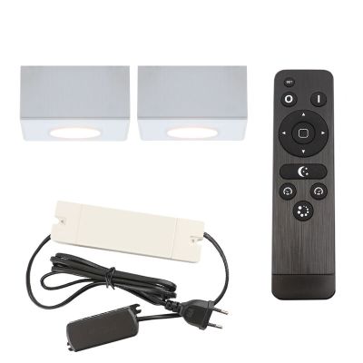 2 faretti da superficie bianchi quadrati per veranda Fredo, IP44, con set di connessione e telecomando