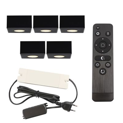 5 faretti da superficie neri quadrati per veranda Fredo, IP44, con set di connessione e telecomando