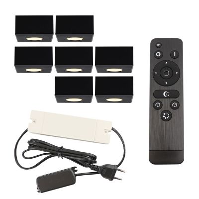 7 faretti da superficie neri quadrati per veranda Fredo, IP44, con set di connessione e telecomando