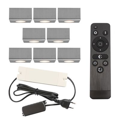 8 faretti da superficie cromati quadrati per veranda Fredo, IP44, con set di connessione e telecomando