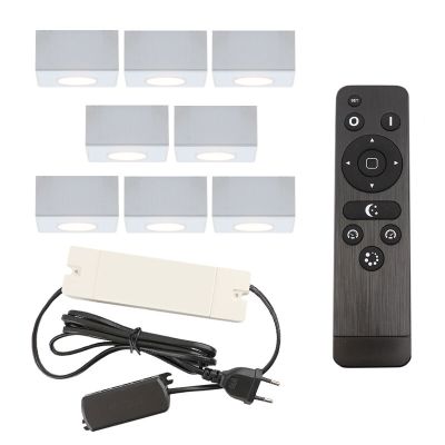 8 faretti da superficie bianchi quadrati per veranda Fredo, IP44, con set di connessione e telecomando