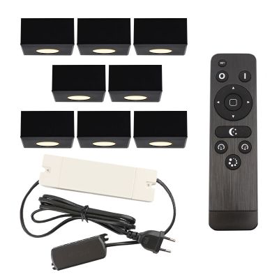 8 faretti da superficie neri quadrati per veranda Fredo, IP44, con set di connessione e telecomando