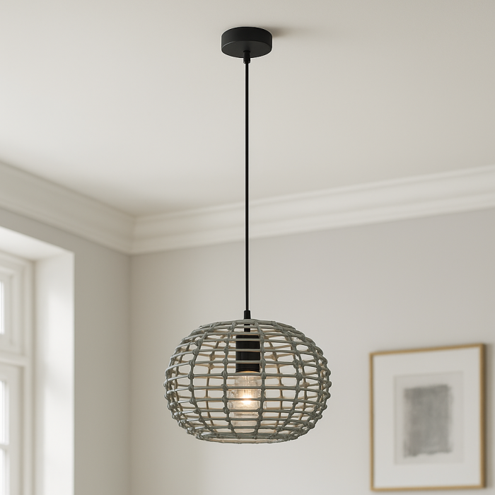 Lampada a sospensione in rattan grigia, Roza