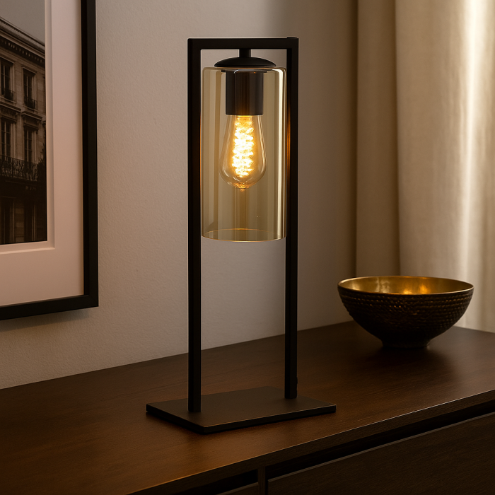 Lampada da tavolo nera industriale, Tonia, con interruttore