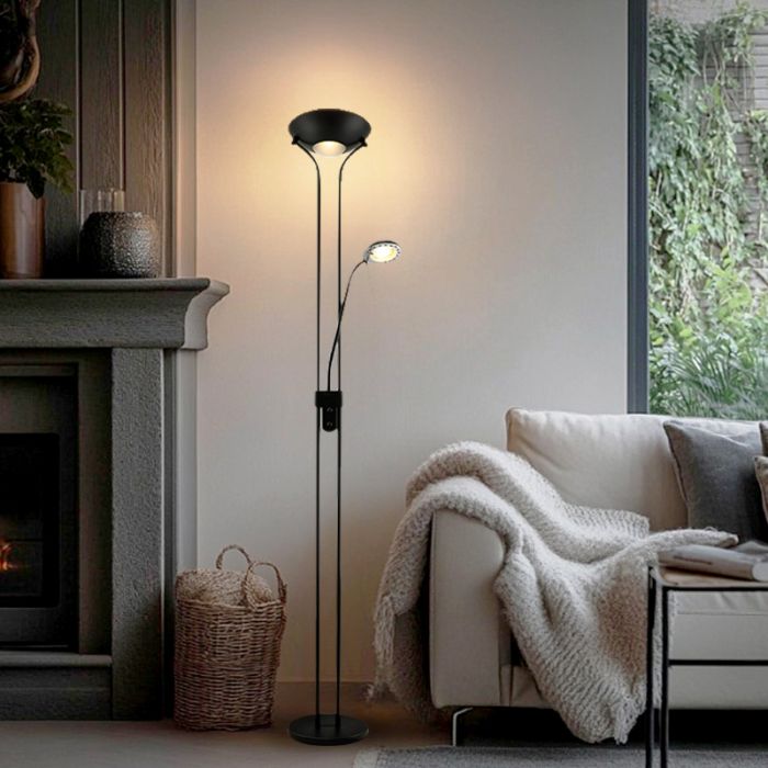 Piantana da lettura da terra nera moderna, Salvador, 18W, 3000K LED, con interruttore