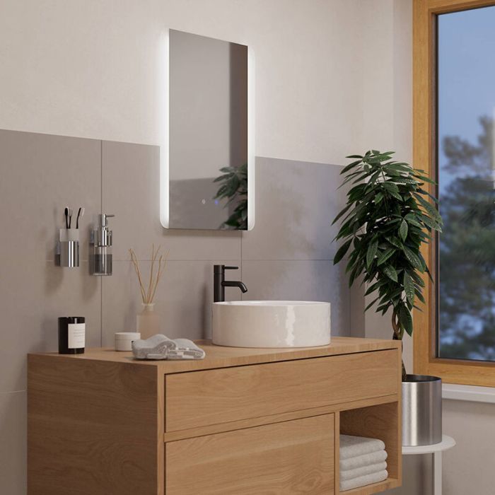 Specchio con luci grigio in vetro, Bibi, 7,1W, bianco regolabile tra caldo e freddo LED, IP44, con interruttore