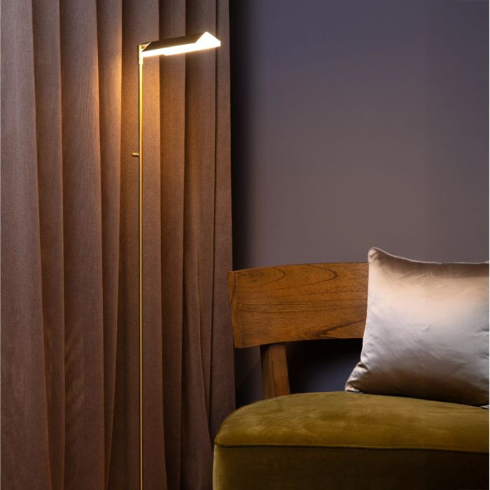 Piantana da lettura da terra moderna in ottone, Aaron, 12W, 2700K LED, controllo touch