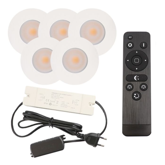 5 faretti da incasso bianchi per veranda Dico, IP65, con set di connessione e telecomando