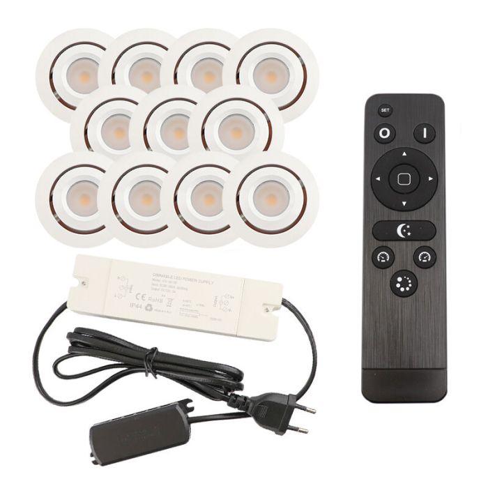 11 faretti da incasso orientabili per veranda Rona, IP44, con set di connessione e telecomando, bianco