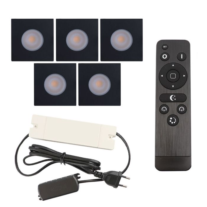5 faretti da incasso neri quadrati per veranda Dico, IP65, con set di connessione e telecomando