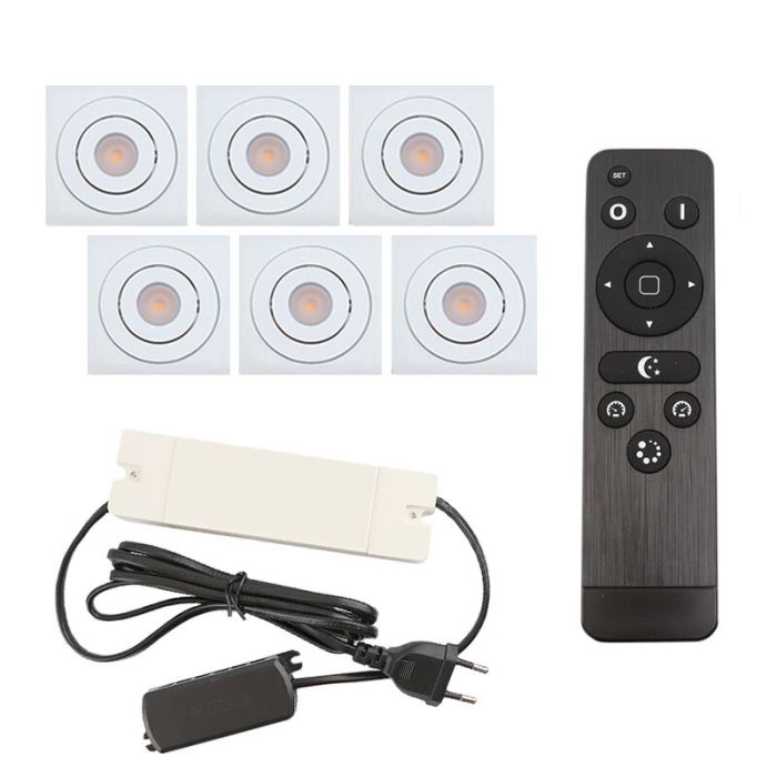 6 faretti da incasso orientabili per veranda Rona quadrato, IP44, con set di connessione e telecomando, bianco
