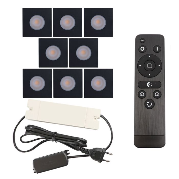 8 faretti da incasso neri quadrati per veranda Dico, IP65, con set di connessione e telecomando