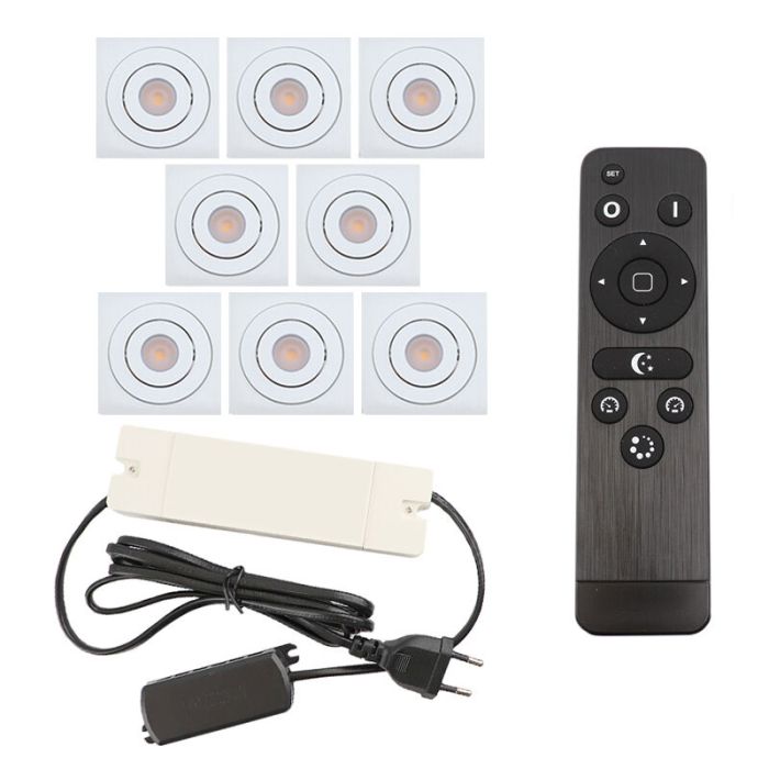 8 faretti da incasso orientabili per veranda Rona quadrato, IP44, con set di connessione e telecomando, bianco