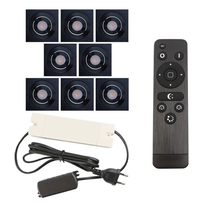 8 faretti da incasso orientabili per veranda Rona quadrato, IP44, con set di connessione e telecomando, nero