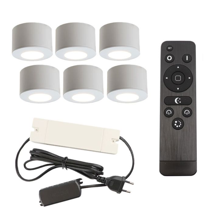 6 faretti da superficie bianchi tondi per veranda Vasso, IP44, con set di connessione e telecomando