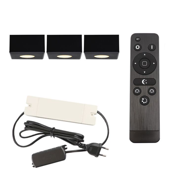 3 faretti da superficie neri quadrati per veranda Fredo, IP44, con set di connessione e telecomando