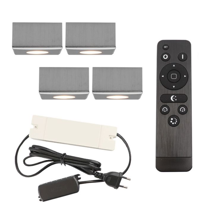4 faretti da superficie cromati quadrati per veranda Fredo, IP44, con set di connessione e telecomando