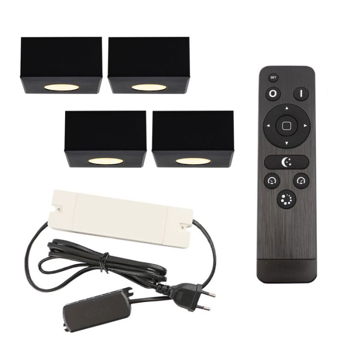 4 faretti da superficie neri quadrati per veranda Fredo, IP44, con set di connessione e telecomando