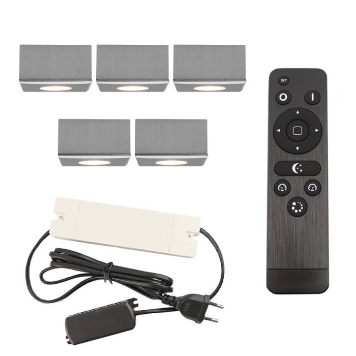 5 faretti da superficie cromati quadrati per veranda Fredo, IP44, con set di connessione e telecomando