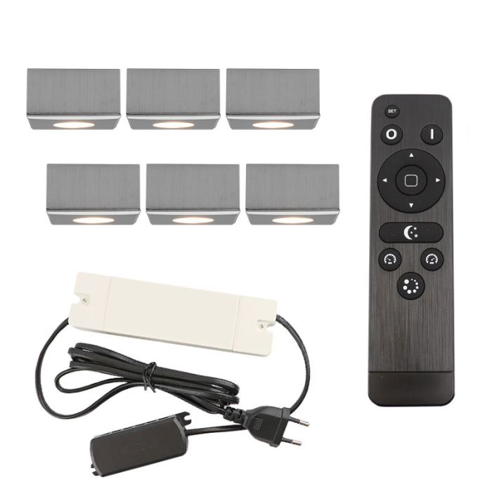 6 faretti da superficie cromati quadrati per veranda Fredo, IP44, con set di connessione e telecomando