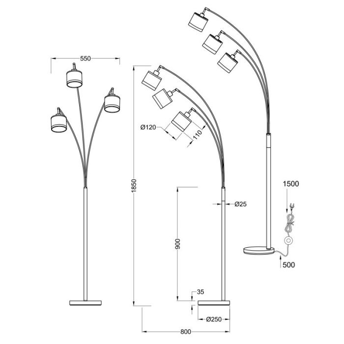 Lampada ad arco moderna tortora, Denley, con interruttore